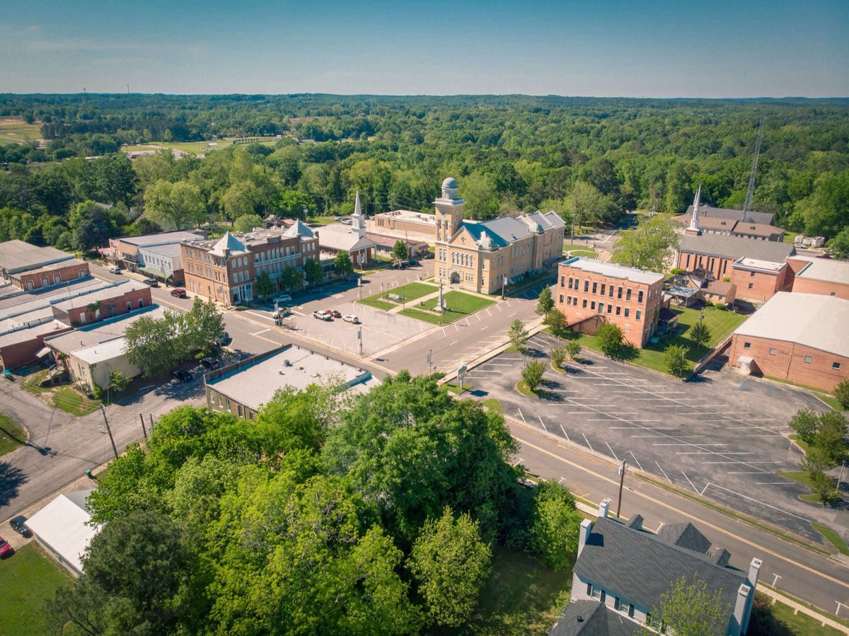 Aerial view of historic Court Square in Centreville, Alabama